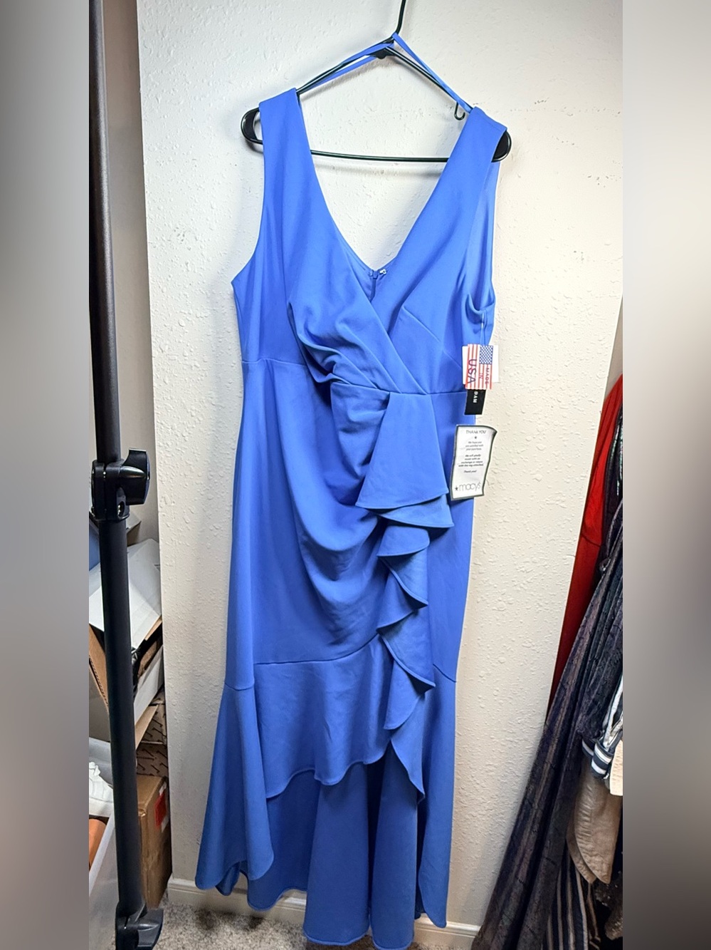 Betsy & Adam Cobalt Blue Ruffle Front Formal Maxi Gown Draped V Neck - Picture 3 of 13